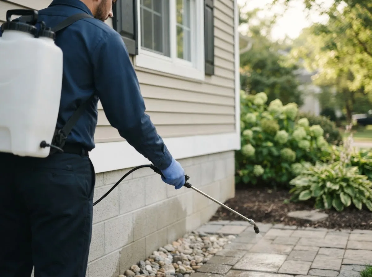 Pest control technician inspecting a home in Roanoke Rapids, NC